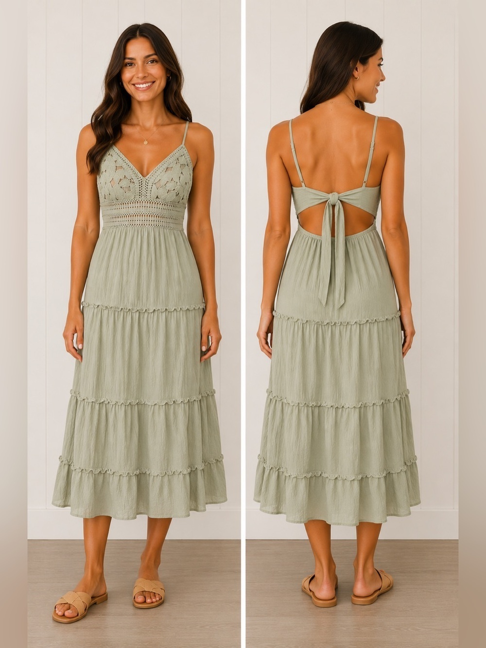 Boho Crochet Dress Tiered Midi Cottagecore Summer Sun Tie Back Sage Green Small